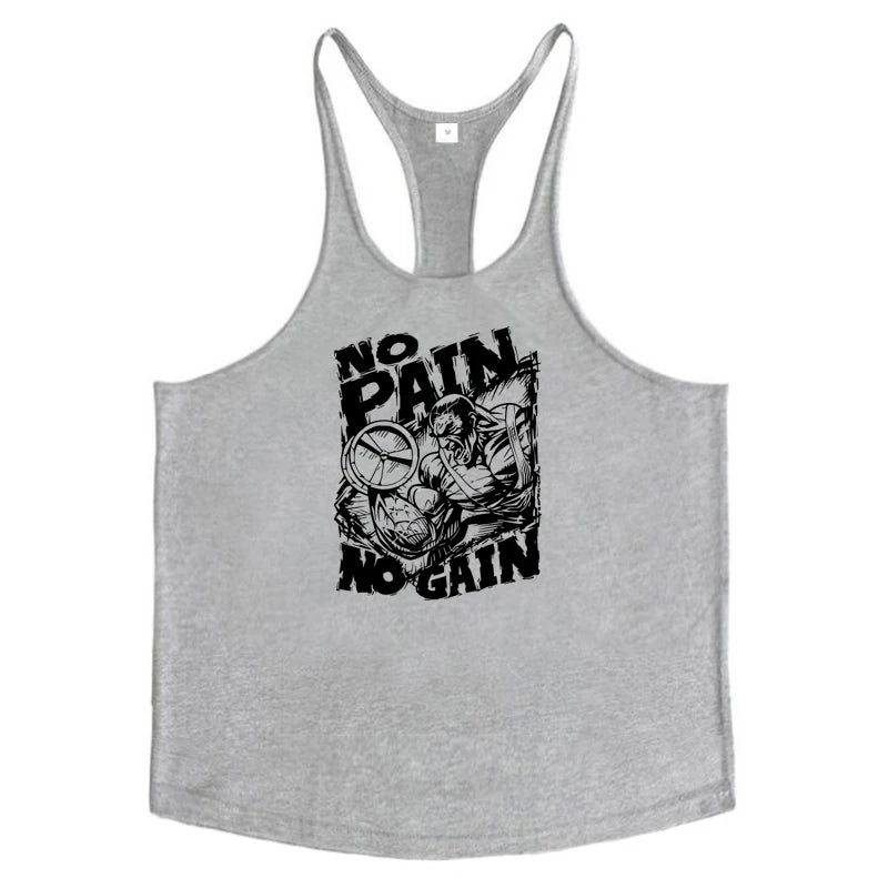 NO PAIN NO GAIN Print Gym Fitness T-Shirt Mens Bodybuilding Sport Sleeveless Vests Cotton Breathable Y-back Suspenders Tank Tops