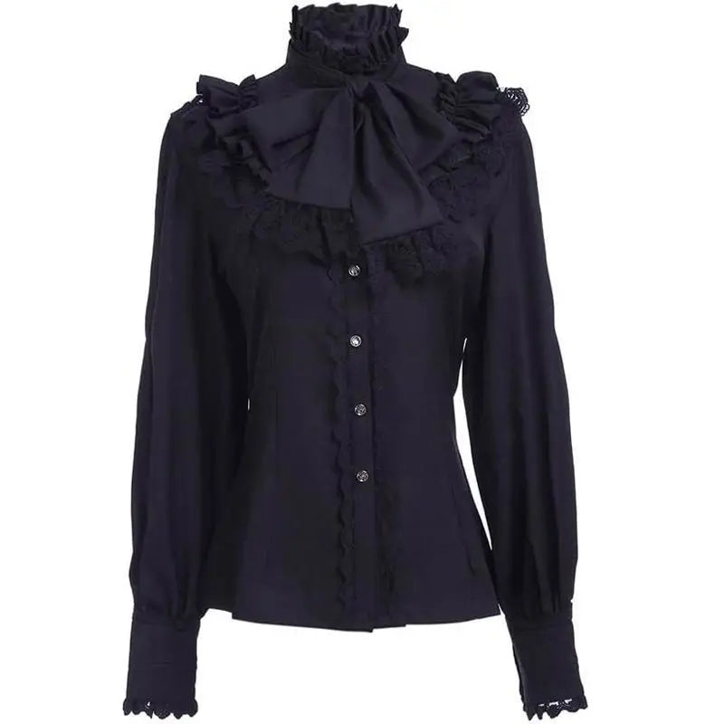 Women's Vintage Ruffle Collar Shirt 2026 Spring New Arrival High Neck Lace Trim Button Down Shirt Elegant Gothic Blouse Tops