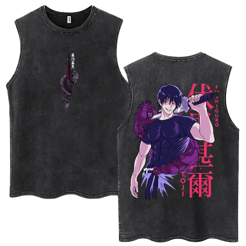 Anime Jujutsu Kaisen Satoru Gojo Vintage Wash Tank Tops Men Women Classic Manga Cotton T Shirt Fashion Loose Sleeveless T-Shirt