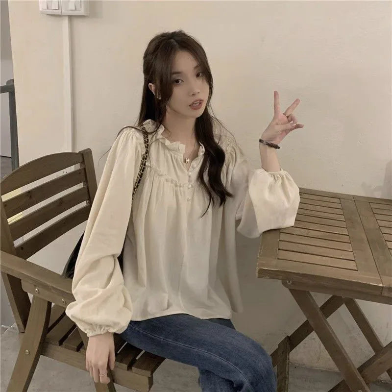 French Style Retro Puff Sleeve Blouse for Women Korean Fashion Spliced Ruffles Chiffon Shirt Ladies Elegant Chic Design Shirts
