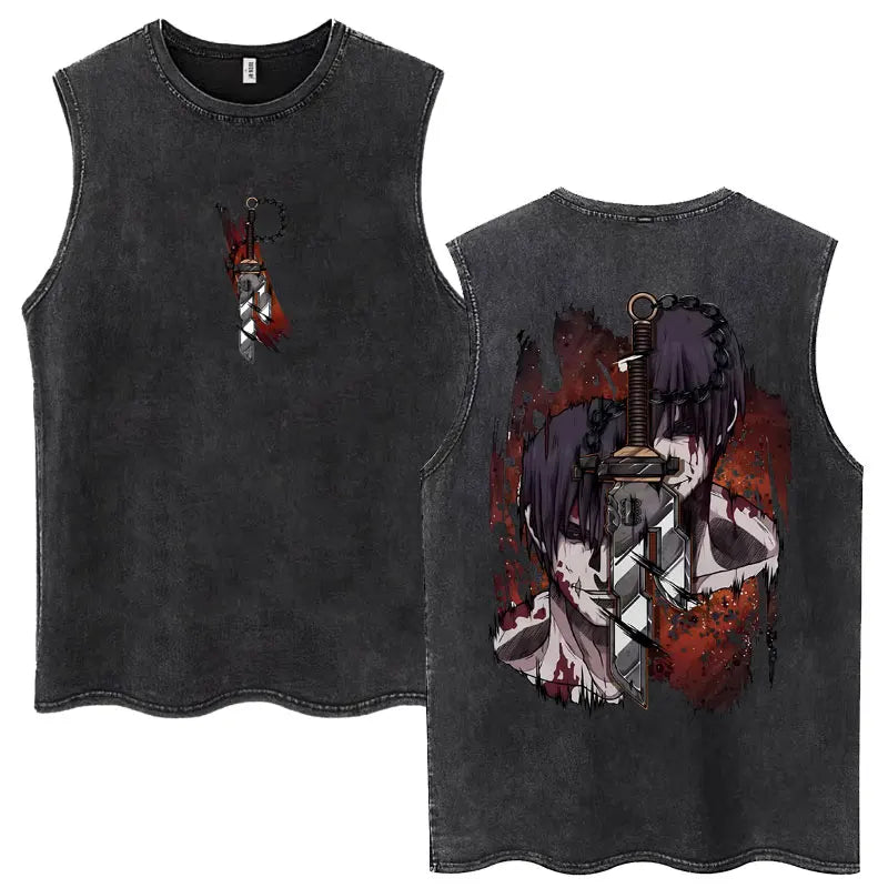 Anime Jujutsu Kaisen Satoru Gojo Vintage Wash Tank Tops Men Women Classic Manga Cotton T Shirt Fashion Loose Sleeveless T-Shirt