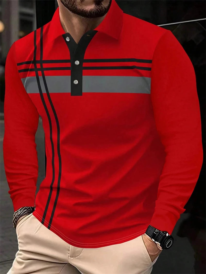 Simple Striped Graphic Polo Shirts For Men Summer Casual Long Sleeve 3D Printed Business Polo Shirt Loose Breathable Tees Tops