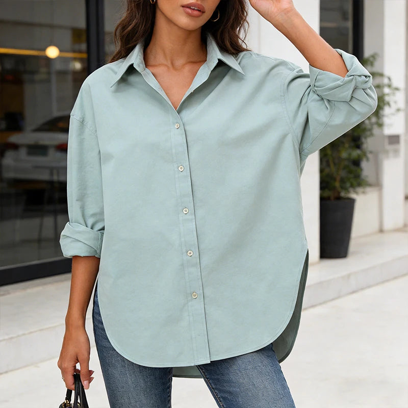 100% Cotton Loose Shirt Women Elegant Casual Turn-Down Collar Long Sleeve Blouse