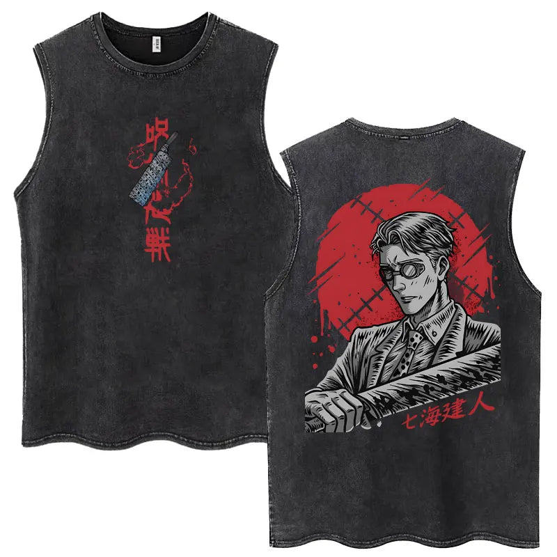 Anime Jujutsu Kaisen Satoru Gojo Vintage Wash Tank Tops Men Women Classic Manga Cotton T Shirt Fashion Loose Sleeveless T-Shirt