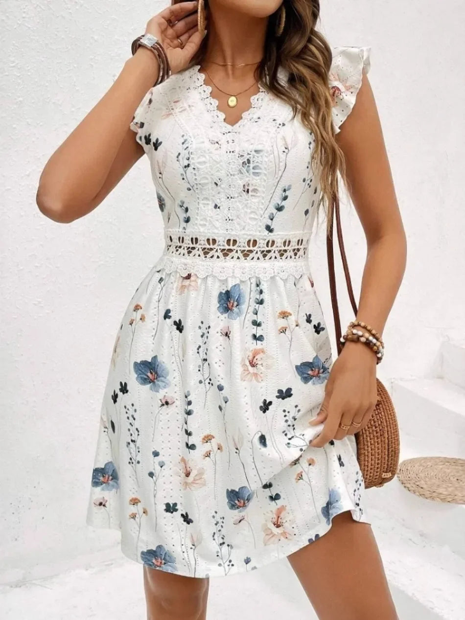 Elegant Sleeveless V Neck Mini Dress for Women Casual Summer Print Fashion Slim Fit Lace Stretch Elegant Dresses
