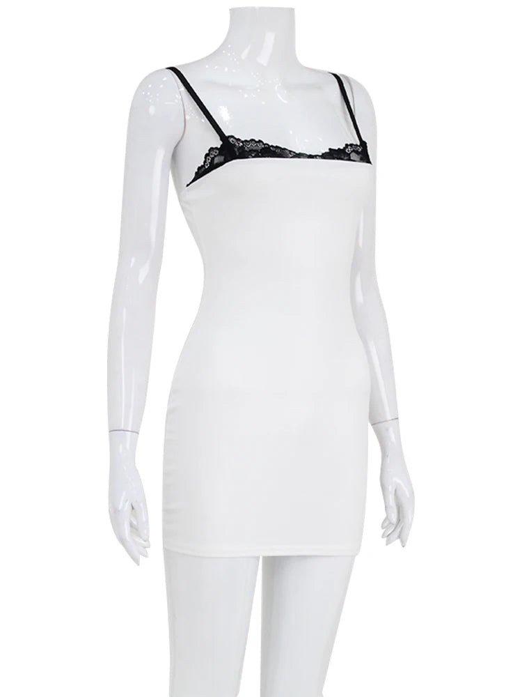 Lace Patchwork Spaghetti Dresses For Women Fashion Sexy Club Y2K Sleeveless Slash Neck Skinny Mini Vestidos Robes Female Bodycon