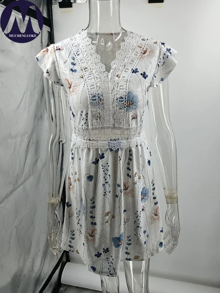 Elegant Sleeveless V Neck Mini Dress for Women Casual Summer Print Fashion Slim Fit Lace Stretch Elegant Dresses