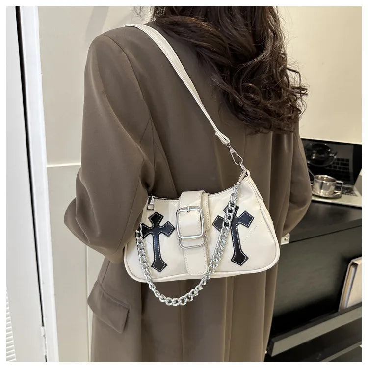 Cool Chain Y2k Girls Underarm Bags Simple Pu Leather Women's Small Shoulder Bag Fashion Retro Female Clutch Handbags Purse