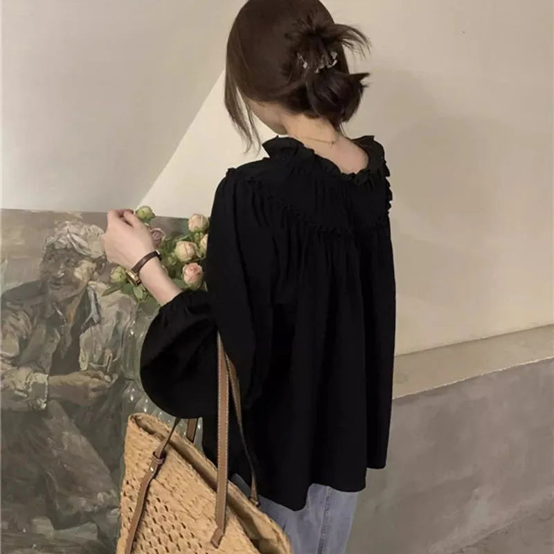French Style Retro Puff Sleeve Blouse for Women Korean Fashion Spliced Ruffles Chiffon Shirt Ladies Elegant Chic Design Shirts