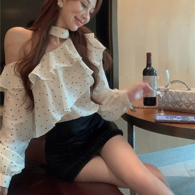 French Style Halter Neck Polka Dot Chiffon Shirts Woman Elegant Off Shoulder Ruffle Blouses Ladies Korean All-Match Trend Blusas