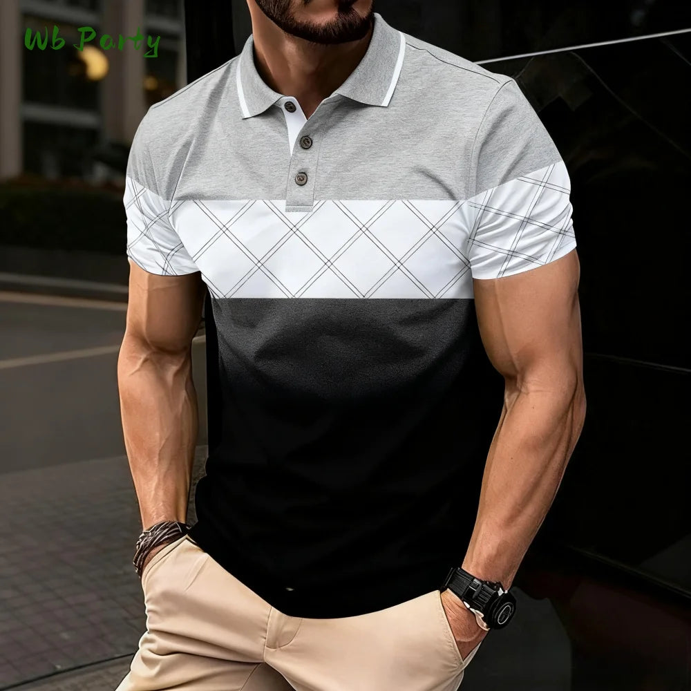 Summer Men's Polo Men's Casual Short Sleeve Polo Shirt Striped Color Block Design Sporty Polo Style Collared Polo Shirts for Man
