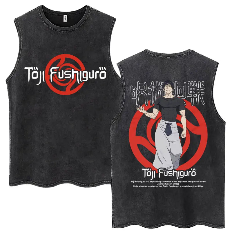 Anime Jujutsu Kaisen Satoru Gojo Vintage Wash Tank Tops Men Women Classic Manga Cotton T Shirt Fashion Loose Sleeveless T-Shirt