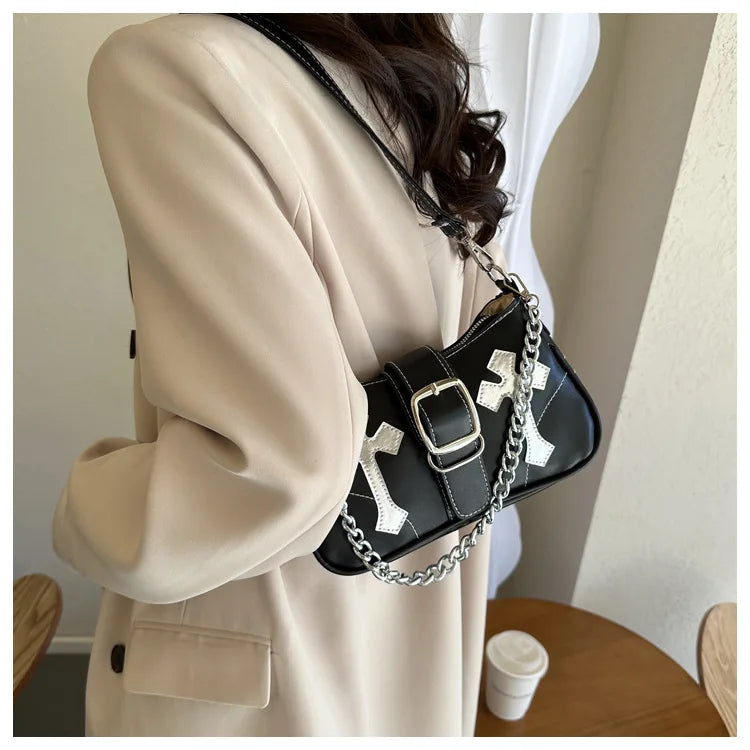 Cool Chain Y2k Girls Underarm Bags Simple Pu Leather Women's Small Shoulder Bag Fashion Retro Female Clutch Handbags Purse