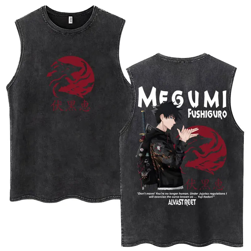 Anime Jujutsu Kaisen Satoru Gojo Vintage Wash Tank Tops Men Women Classic Manga Cotton T Shirt Fashion Loose Sleeveless T-Shirt