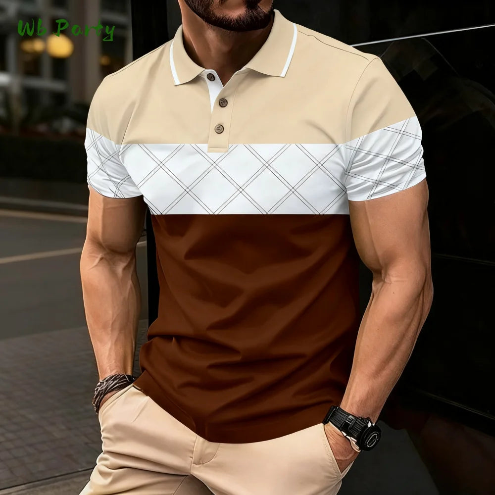 Summer Men's Polo Men's Casual Short Sleeve Polo Shirt Striped Color Block Design Sporty Polo Style Collared Polo Shirts for Man