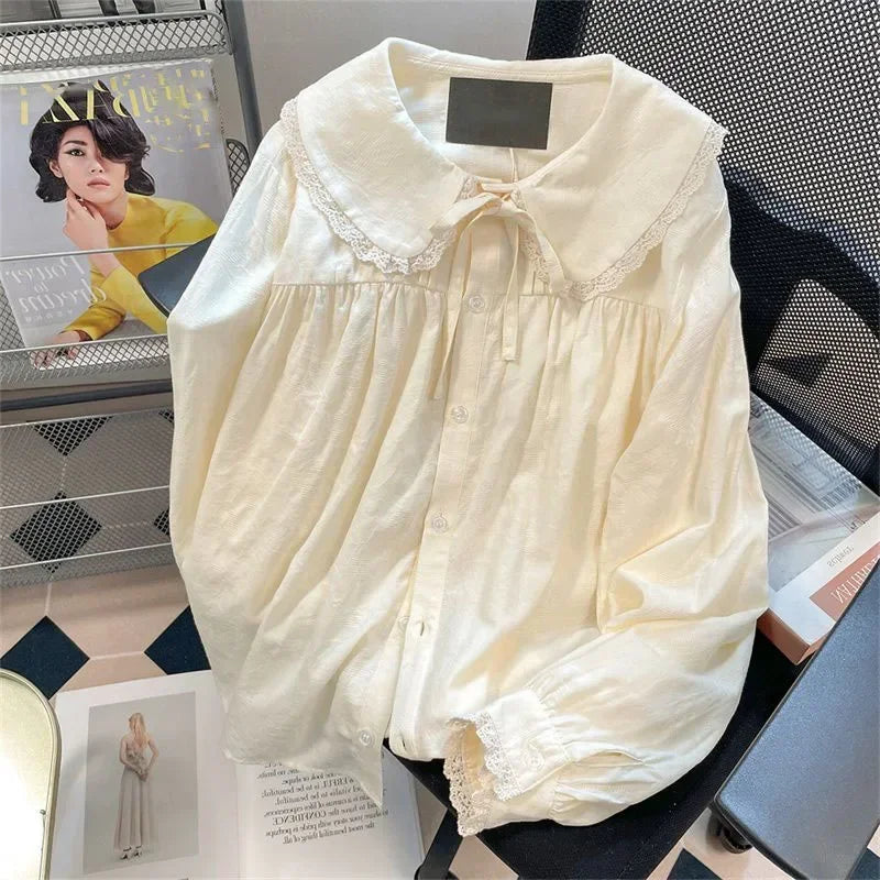 Peter Pan Collar Sweet Shirt Women Lolita Japanese Kawaii Blouse Puff Long Sleeve Elegant White Female Top Basic School Shirts