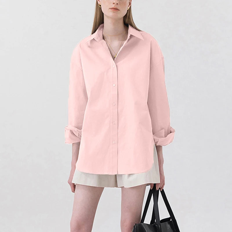100% Cotton Loose Shirt Women Elegant Casual Turn-Down Collar Long Sleeve Blouse