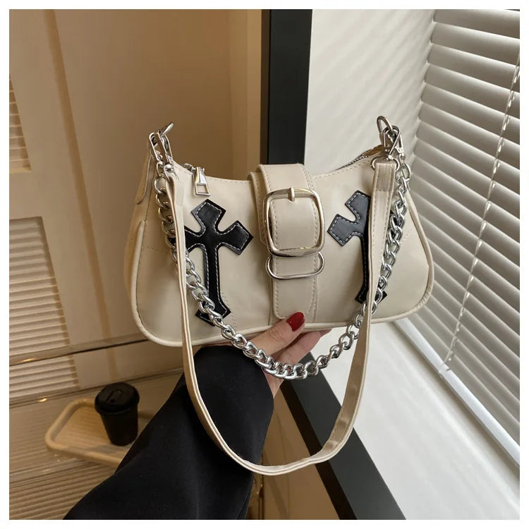 Cool Chain Y2k Girls Underarm Bags Simple Pu Leather Women's Small Shoulder Bag Fashion Retro Female Clutch Handbags Purse