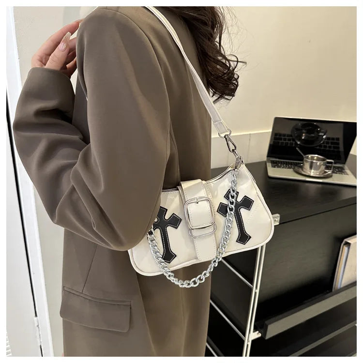 Cool Chain Y2k Girls Underarm Bags Simple Pu Leather Women's Small Shoulder Bag Fashion Retro Female Clutch Handbags Purse