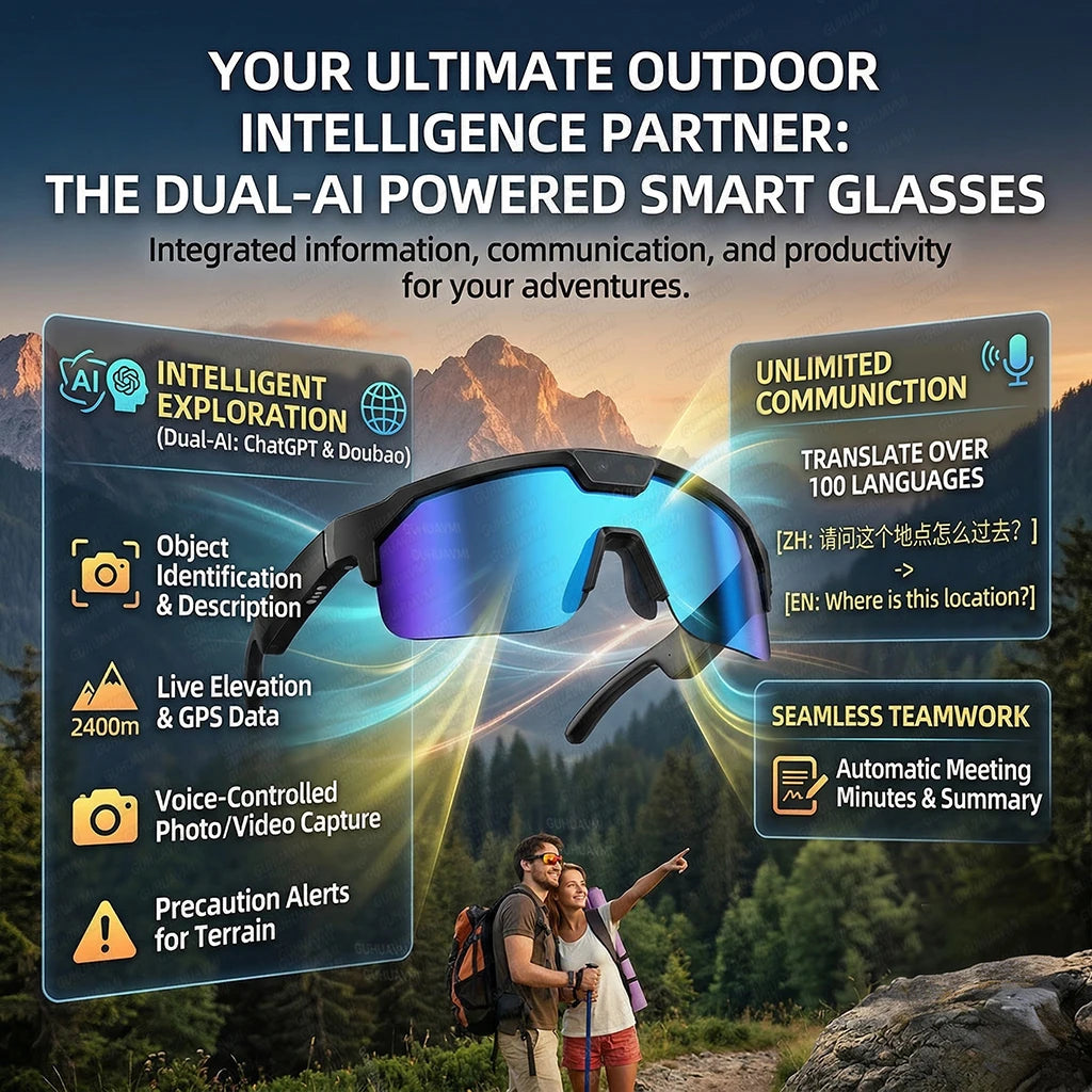 2026 New AI Smart Sports Glasses with 1200P Camera 4k Anti-Shake AI Voice Translator Bluetooth Call Dual Mic Audio Sunglasses