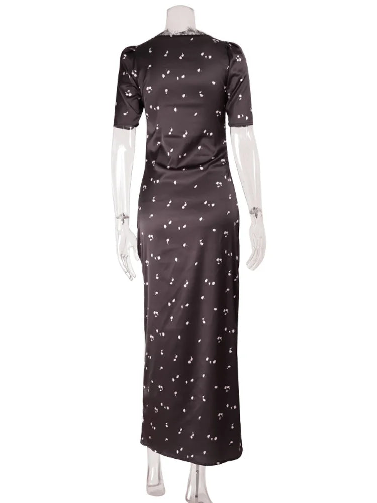 Lace Patchwork Printed Maxi Dresses For Women Fashion Sexy Streetwear Short Sleeves Slim Hollow Out Long Vestidos Robes Female