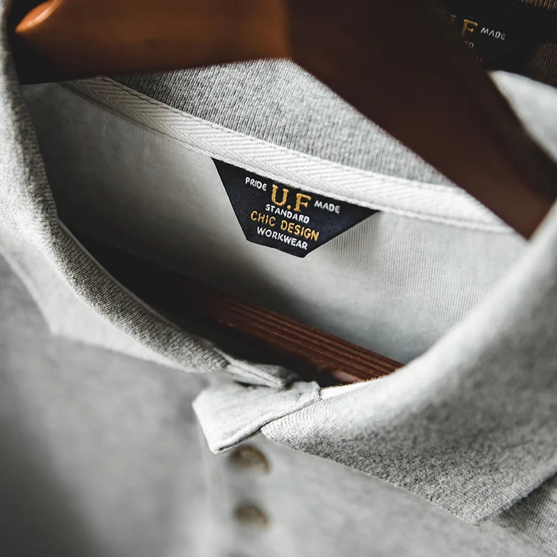 Maden Spring Vintage Oversize Polo Shirts for Men Business Casual Solid Color Long Sleeve T-shirt Stylish Lapel Plain Tops
