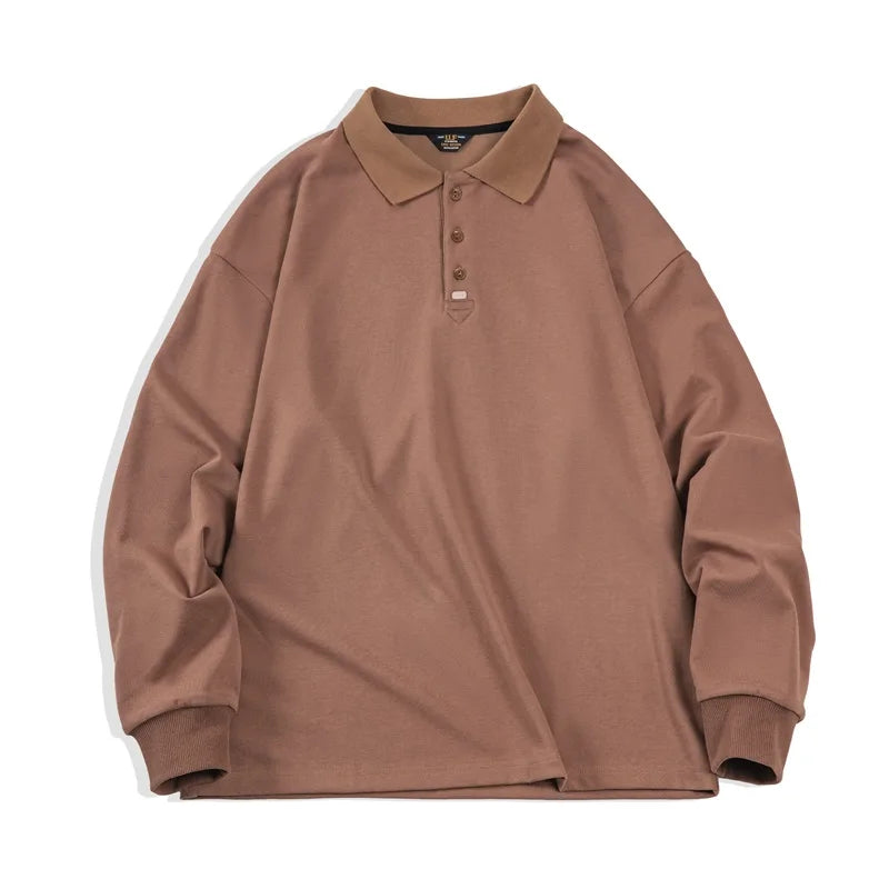 Maden Spring Vintage Oversize Polo Shirts for Men Business Casual Solid Color Long Sleeve T-shirt Stylish Lapel Plain Tops
