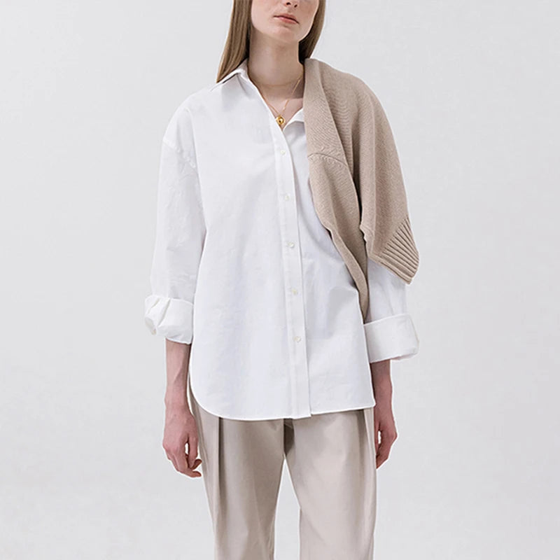 100% Cotton Loose Shirt Women Elegant Casual Turn-Down Collar Long Sleeve Blouse