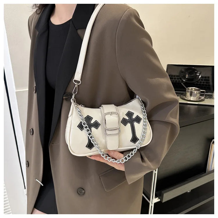 Cool Chain Y2k Girls Underarm Bags Simple Pu Leather Women's Small Shoulder Bag Fashion Retro Female Clutch Handbags Purse
