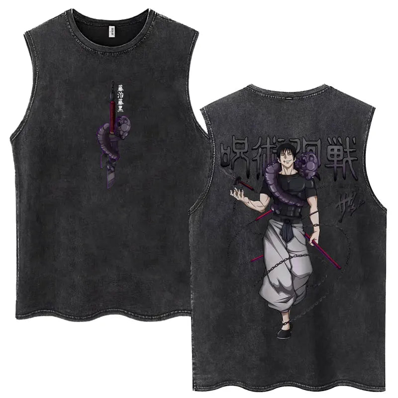 Anime Jujutsu Kaisen Satoru Gojo Vintage Wash Tank Tops Men Women Classic Manga Cotton T Shirt Fashion Loose Sleeveless T-Shirt