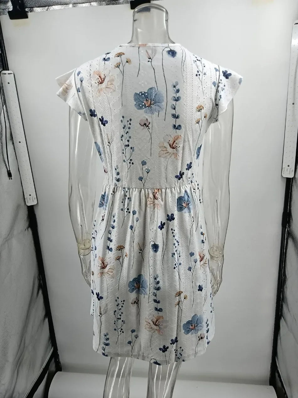 Elegant Sleeveless V Neck Mini Dress for Women Casual Summer Print Fashion Slim Fit Lace Stretch Elegant Dresses