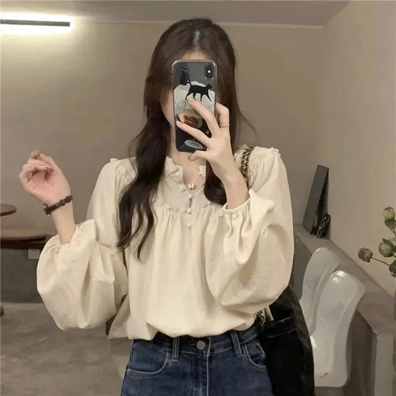 French Style Retro Puff Sleeve Blouse for Women Korean Fashion Spliced Ruffles Chiffon Shirt Ladies Elegant Chic Design Shirts