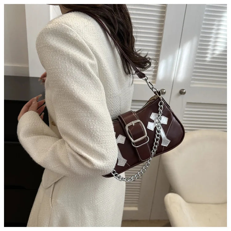 Cool Chain Y2k Girls Underarm Bags Simple Pu Leather Women's Small Shoulder Bag Fashion Retro Female Clutch Handbags Purse